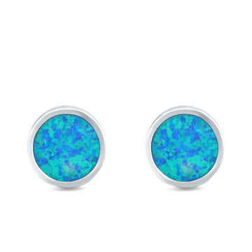Bezel Round Stud Earrings Lab Created Blue Opal 925 Sterling Silver (10mm)